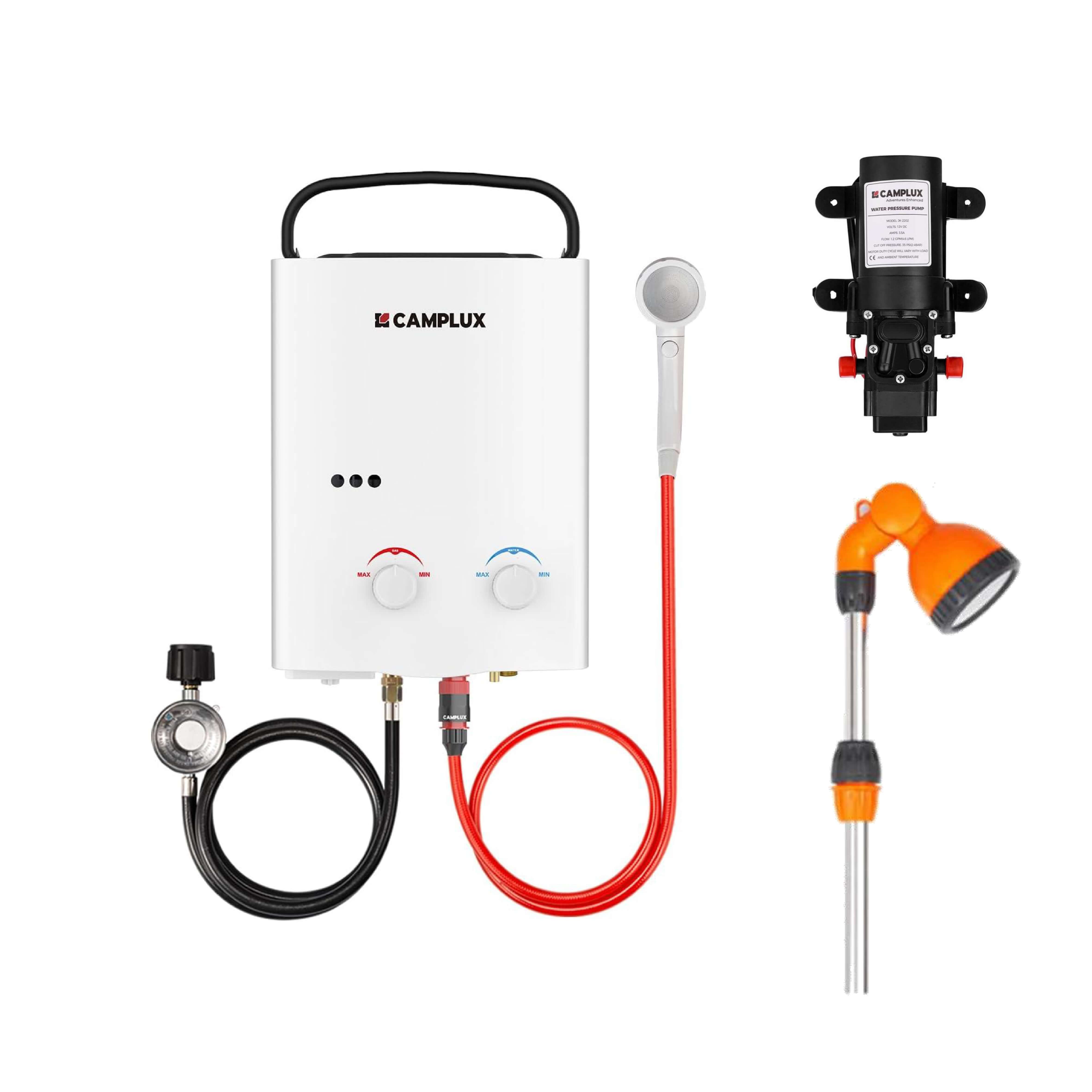 5 Liter Camplux Portable Water Heater with 4.5L Pump & Stand Shower