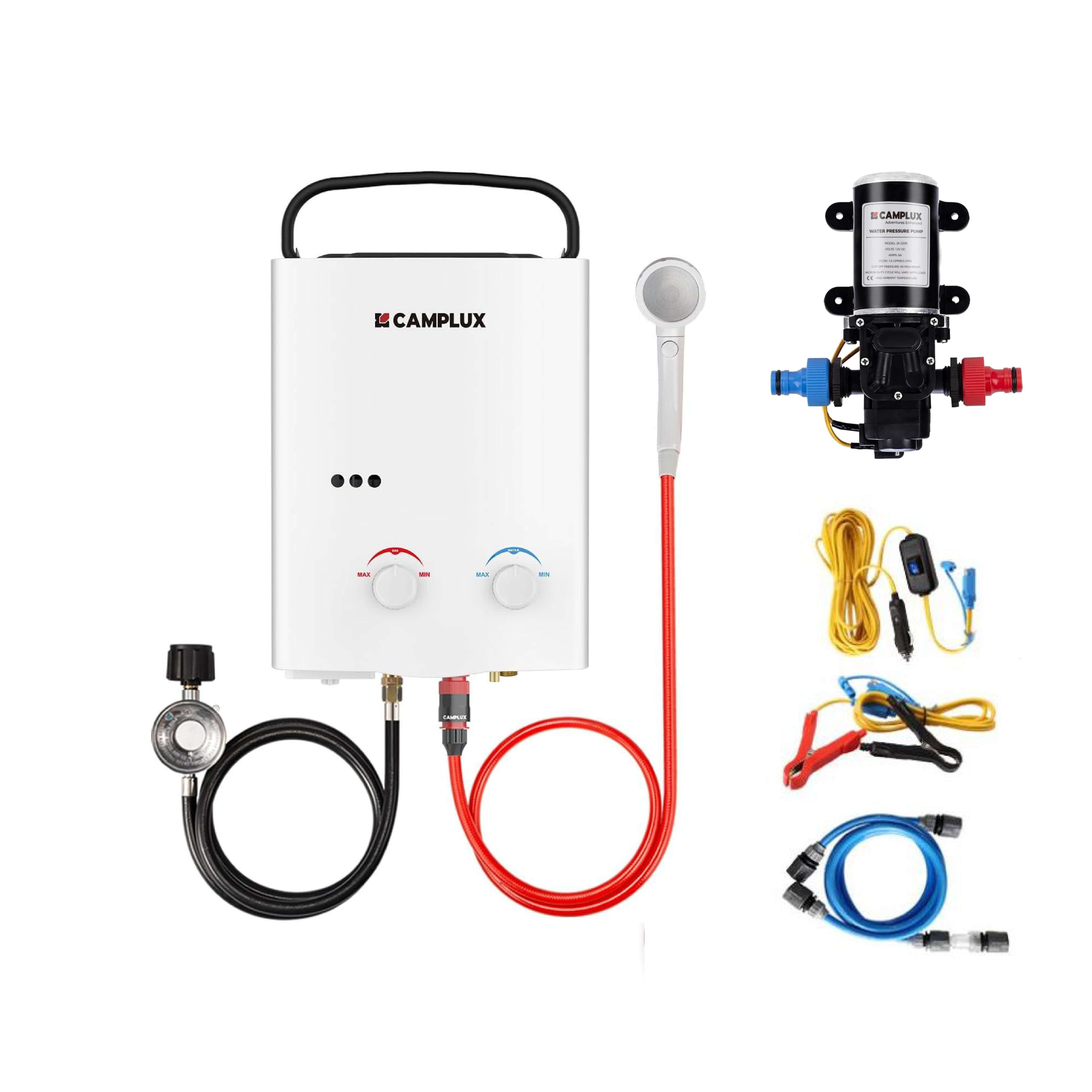 5 Liter Camplux Portable Water Heater & 4.5L Pump Pack