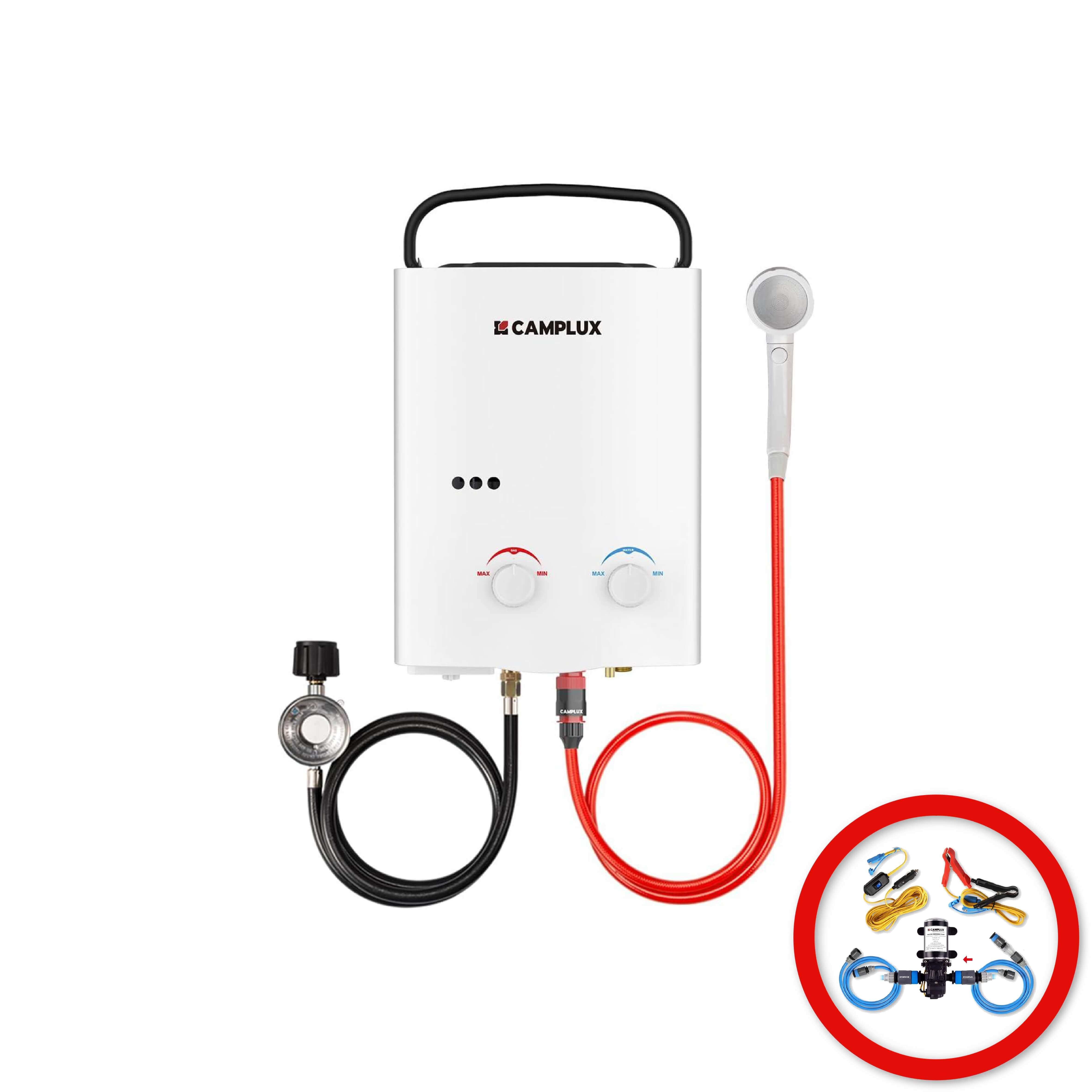 5 Liter Camplux Portable Water Heater & 4.5L Pump Pack
