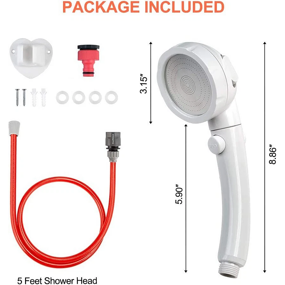 Handheld Round Spray Shower Head With 1.5m Hose On/Off Switch Quick Connector