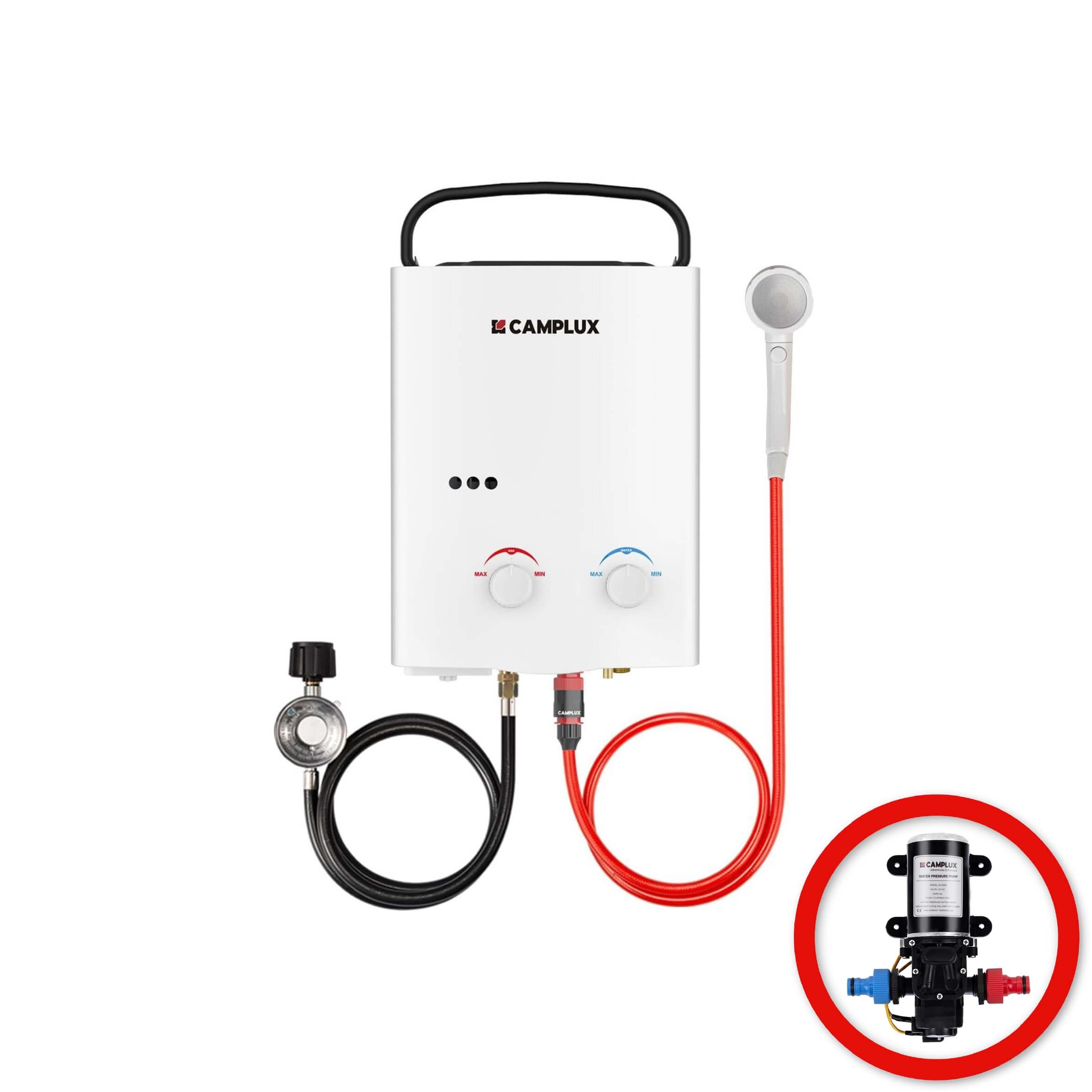 5 Liter Camplux Portable Water Heater & 6L Water Pump