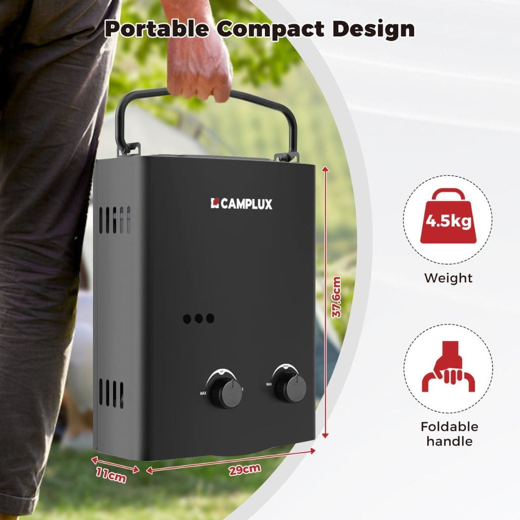 Camplux 5L Black Portable Water Heater w/ Stand & Pump Pack