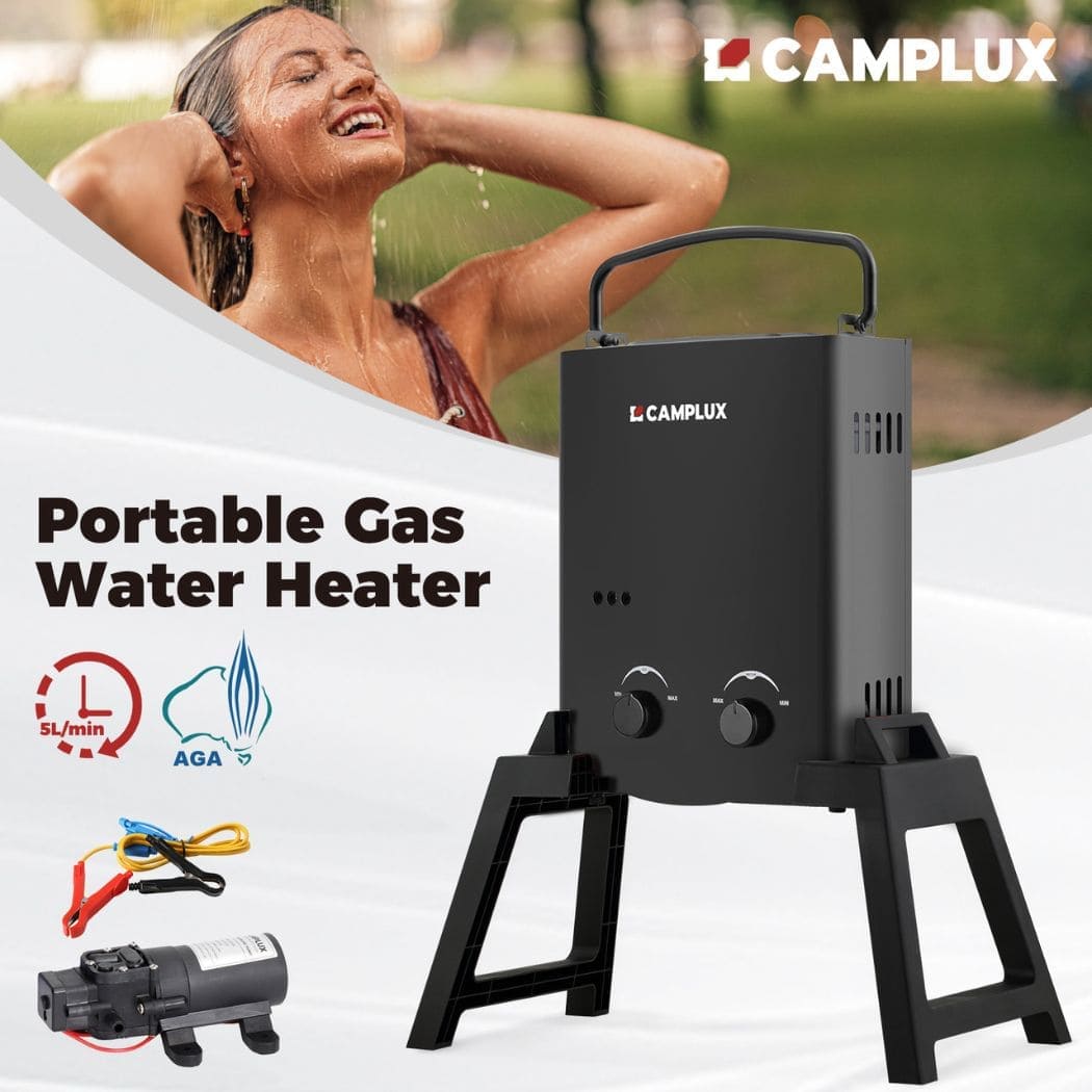 Camplux 5L Black Portable Water Heater w/ Stand & Pump Pack