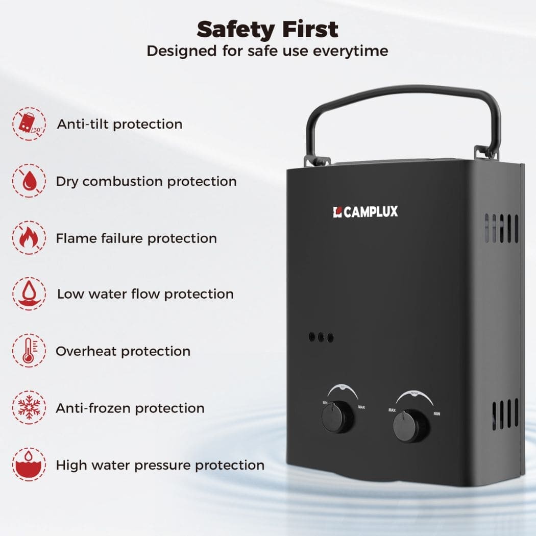 Camplux 5L Black Portable Water Heater w/ Stand & Pump Pack