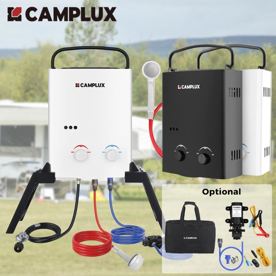 Camplux 5L Black Portable Water Heater w/ Stand & Pump Pack