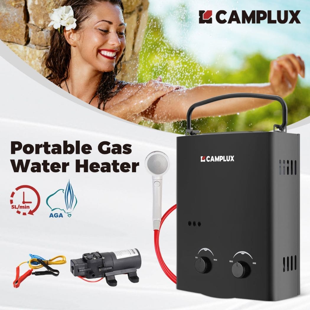 Camplux 5L Black Portable Water Heater w/ Pump Pack