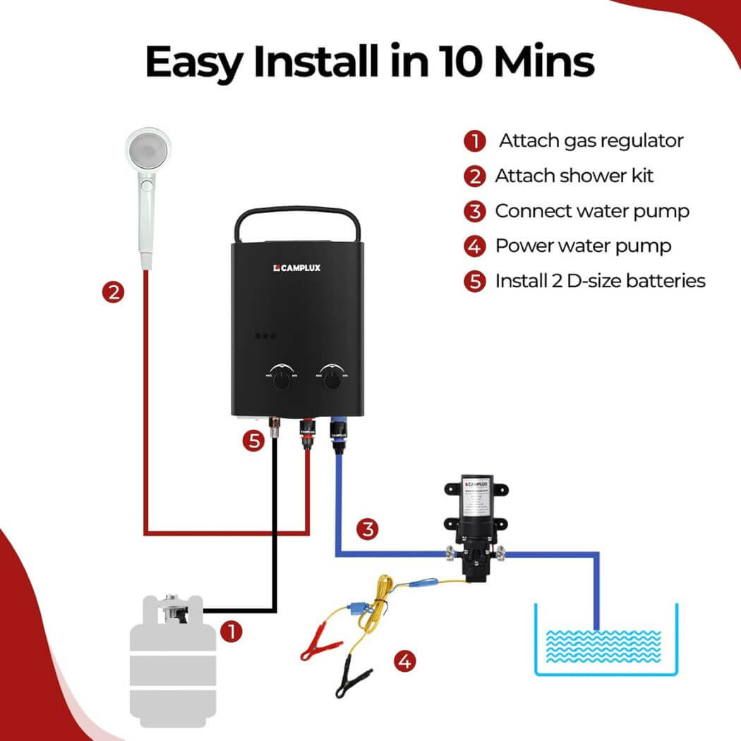 Camplux 5L Black Portable Water Heater w/ Pump Pack