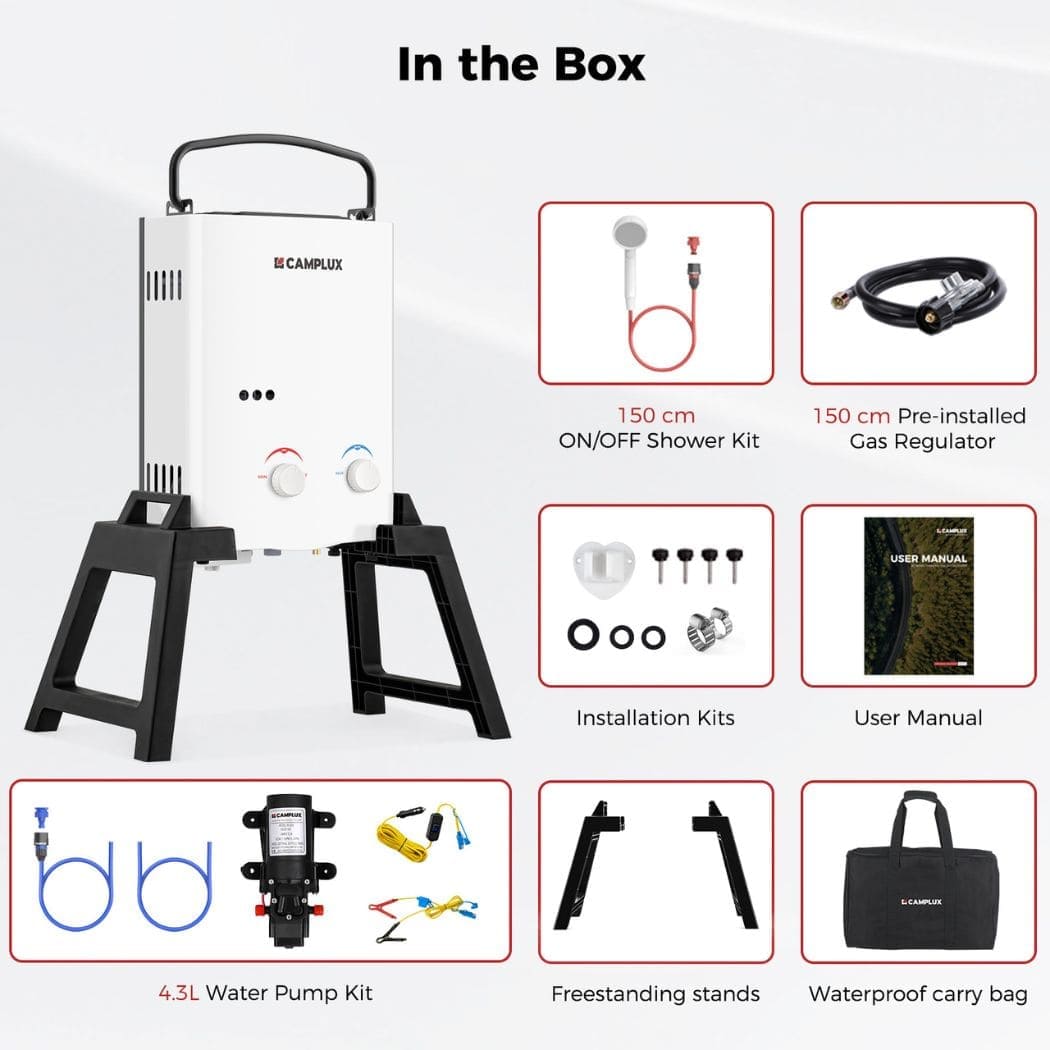 Camplux 5L Portable Water Heater w/ Stand & Pump Pack
