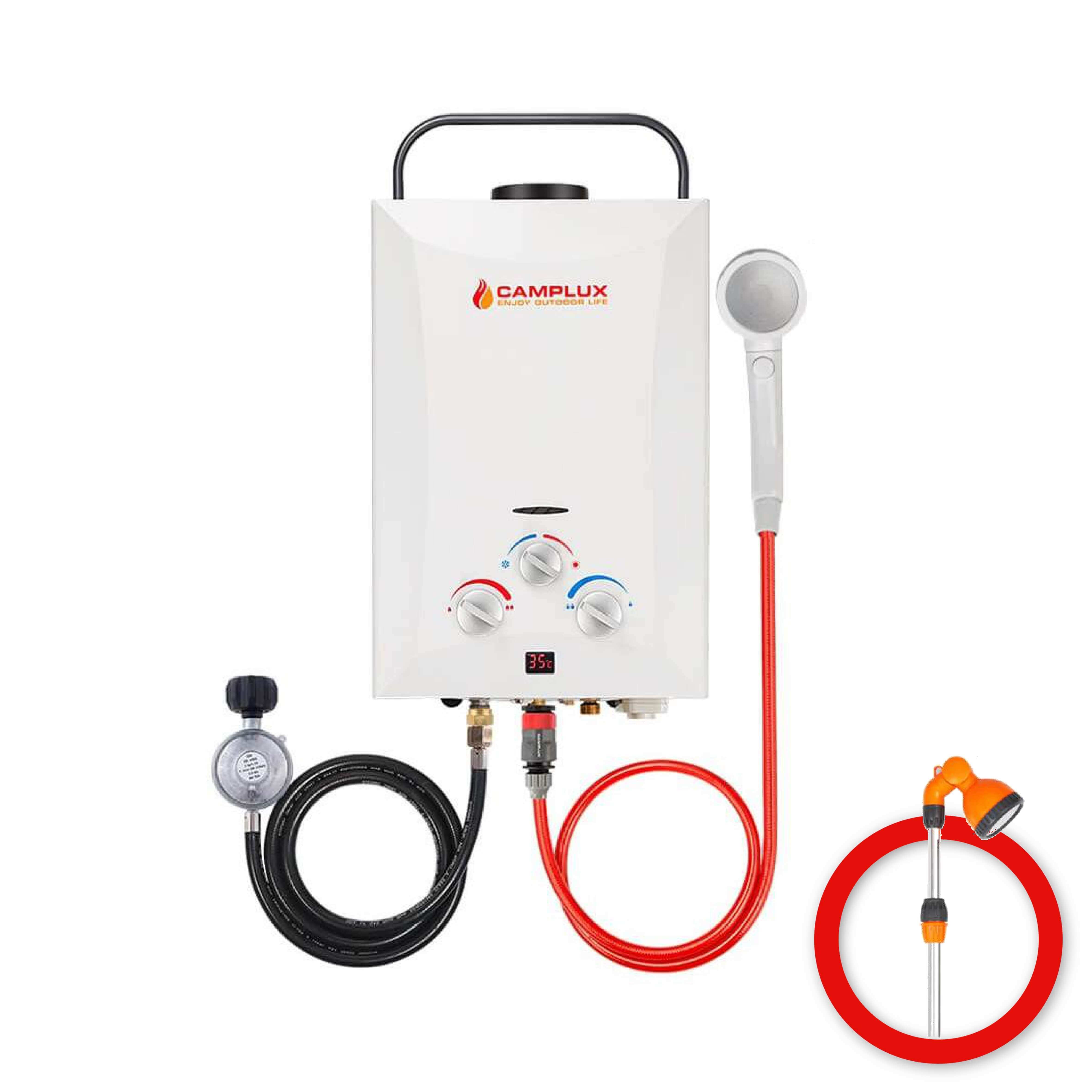 8 Liter Camplux Portable Water Heater, Instant Heat, with Shower Stand & Sprayer - White