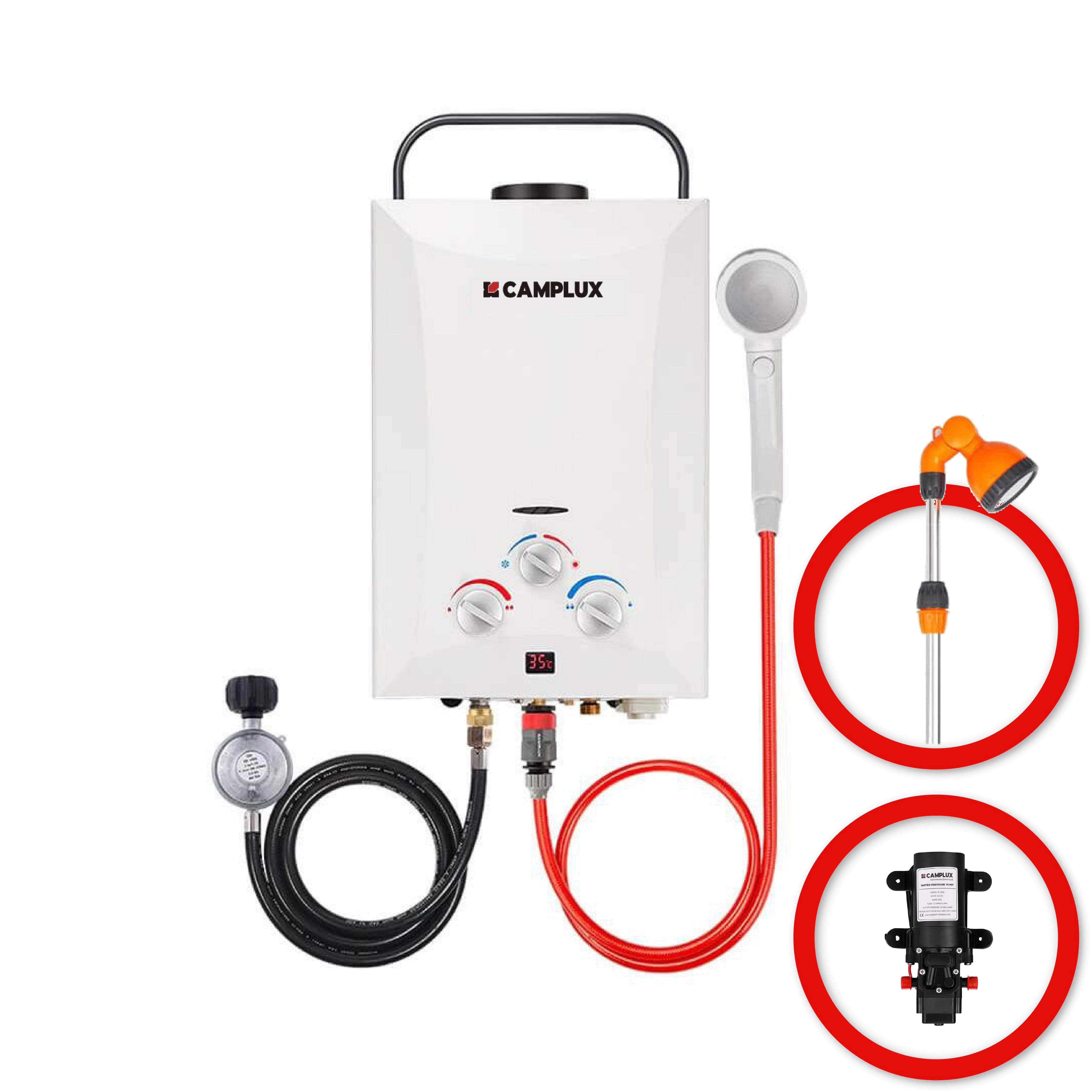 8 Liter Camplux Portable Water Heater, Instant Heat, with 4.3L Pump & Sprayer & Shower Stand