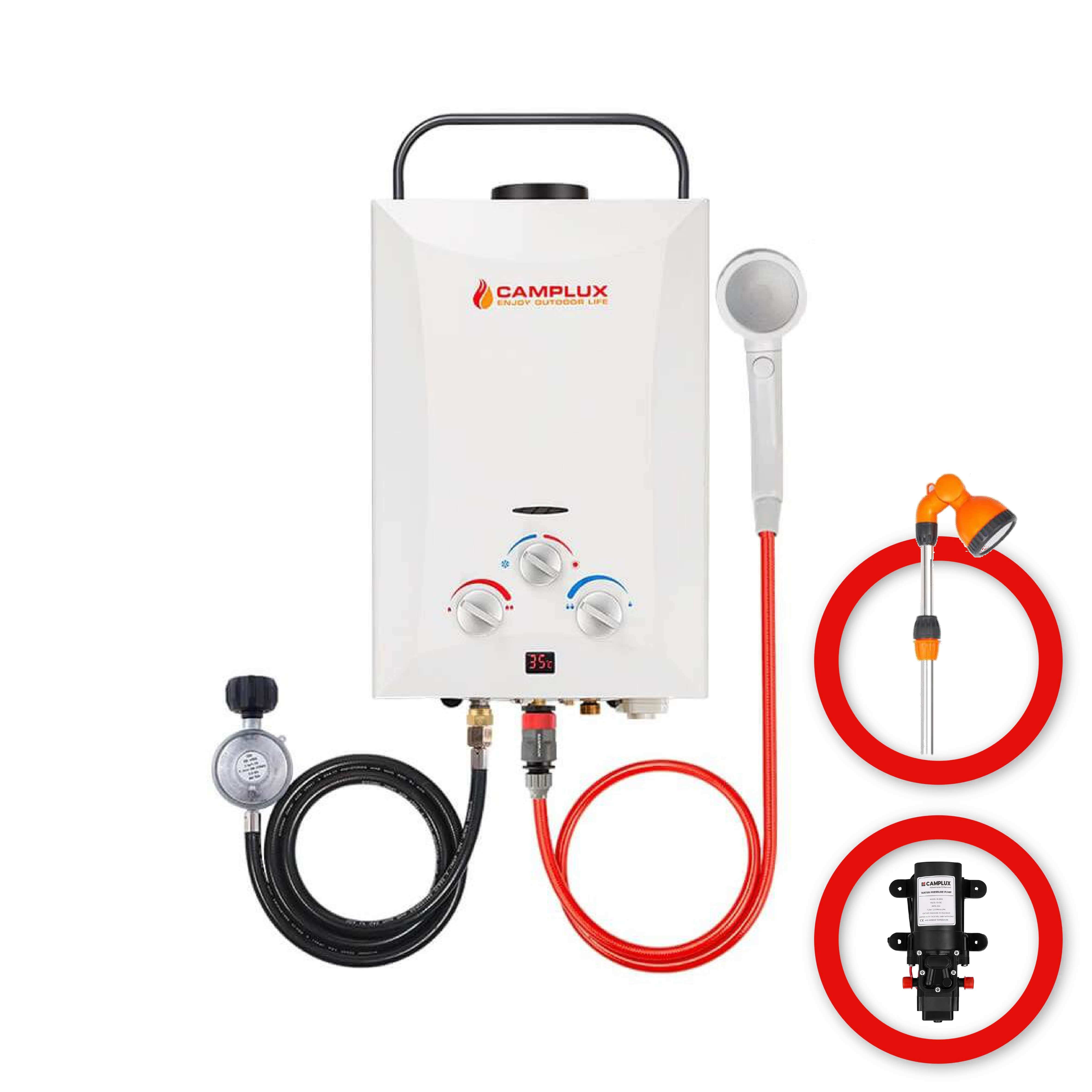 8 Liter Camplux Portable Water Heater, Instant Heat, with 4.3L Pump & Sprayer & Shower Stand