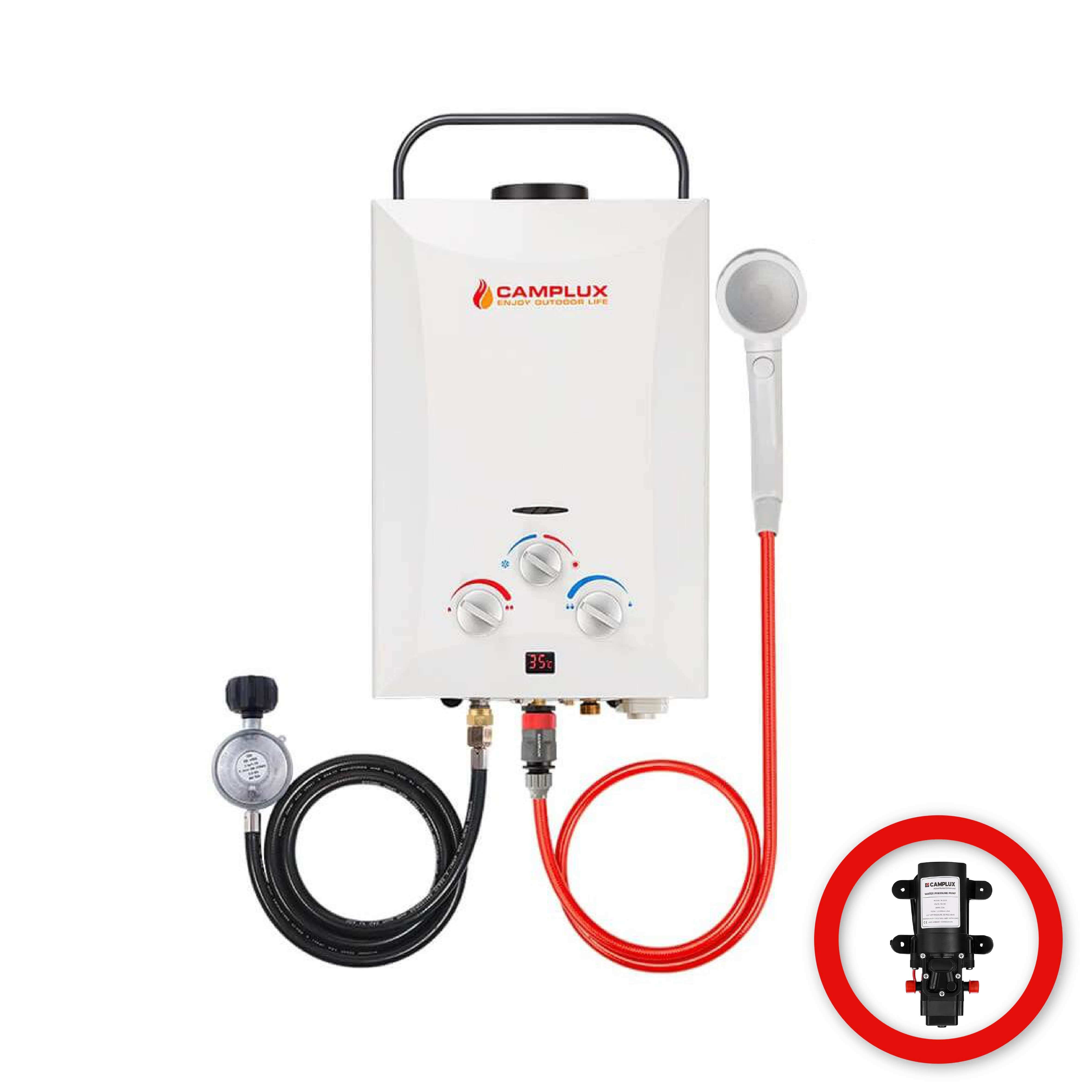 8 Liter Camplux Portable Water Heater, Instant Heat, & 4.3L Water Pump