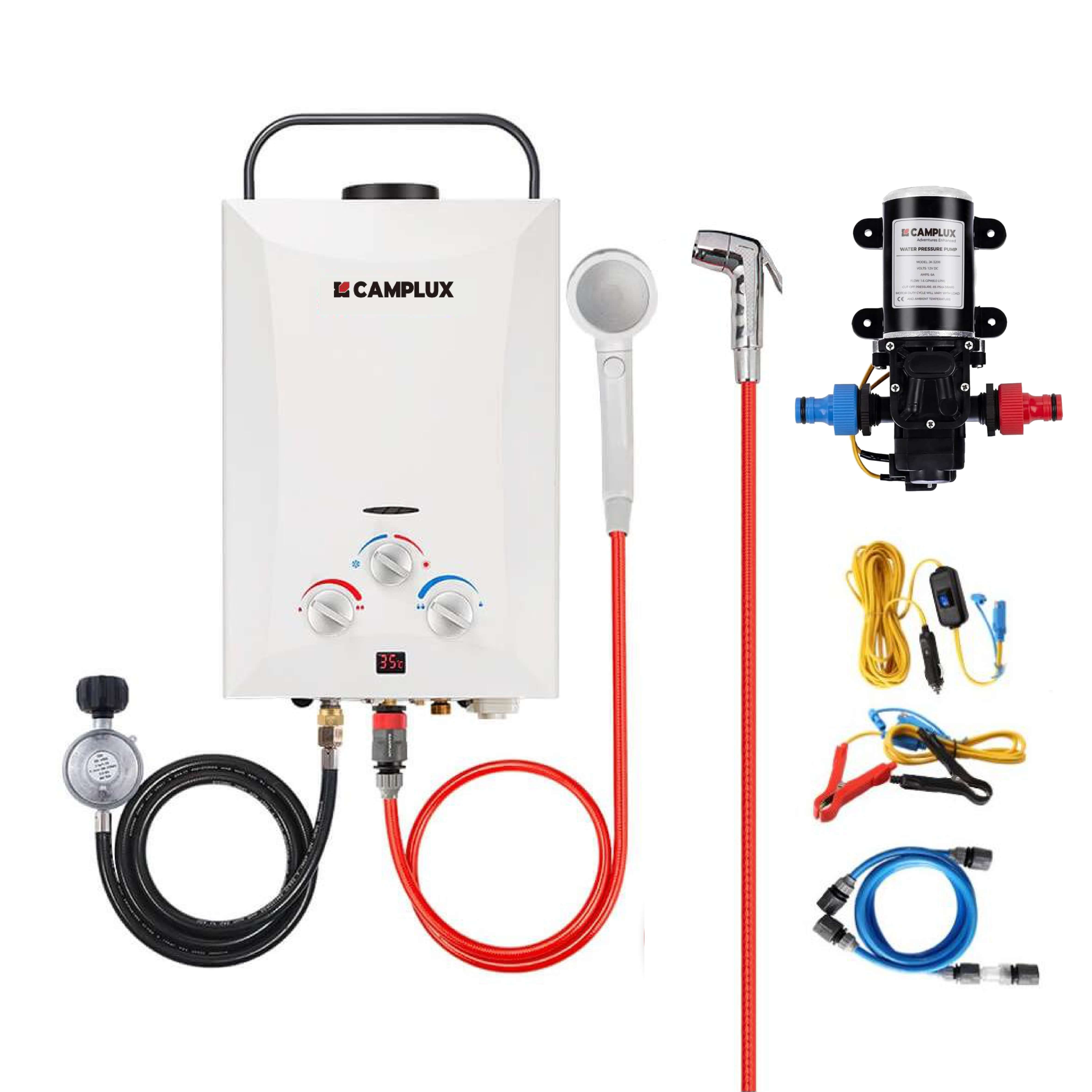 8 Liter Camplux Portable Water Heater, Instant Heat, with 6L Pump Pack & Sprayer