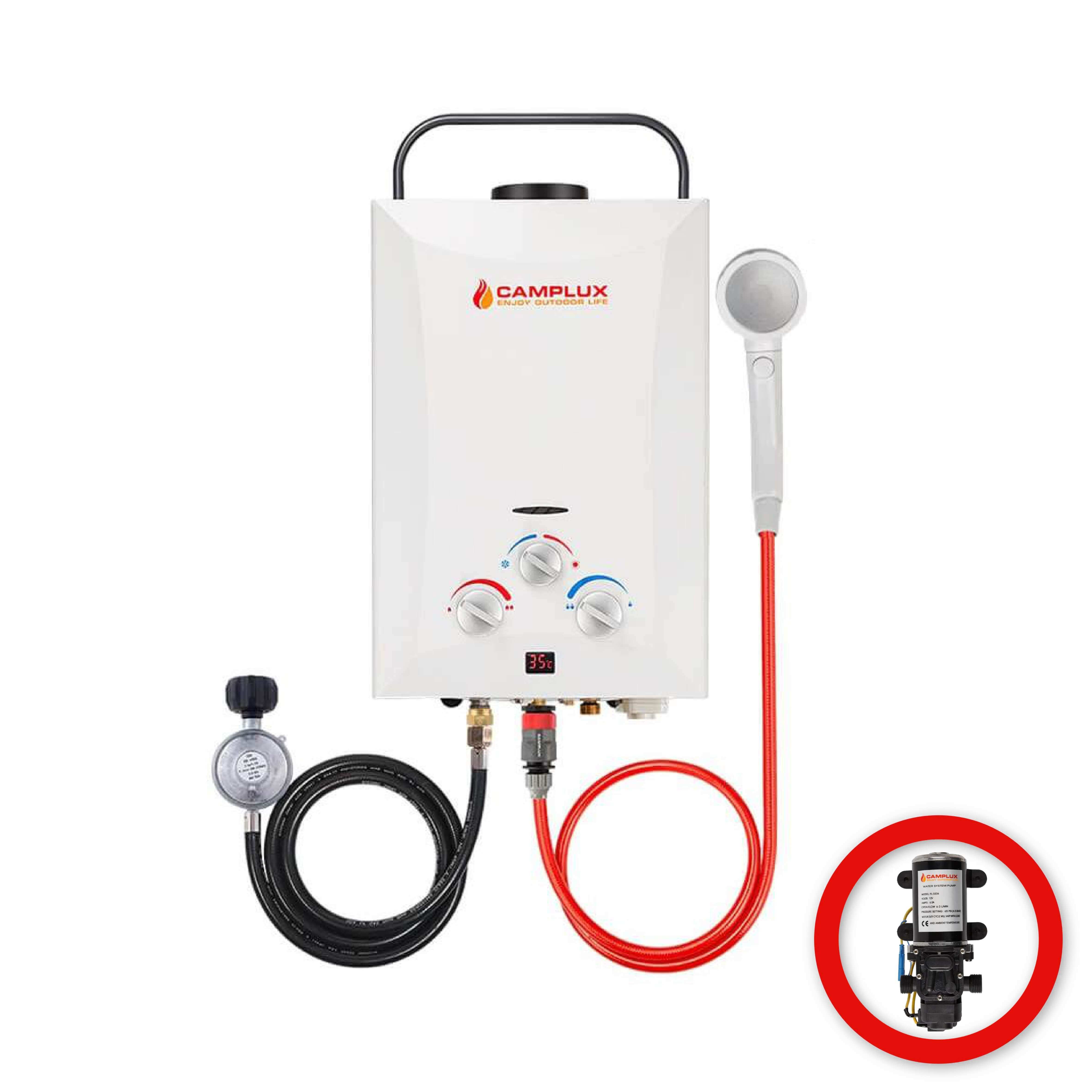 8 Liter Camplux Portable Water Heater, Instant Heat, & 6L Water Pump