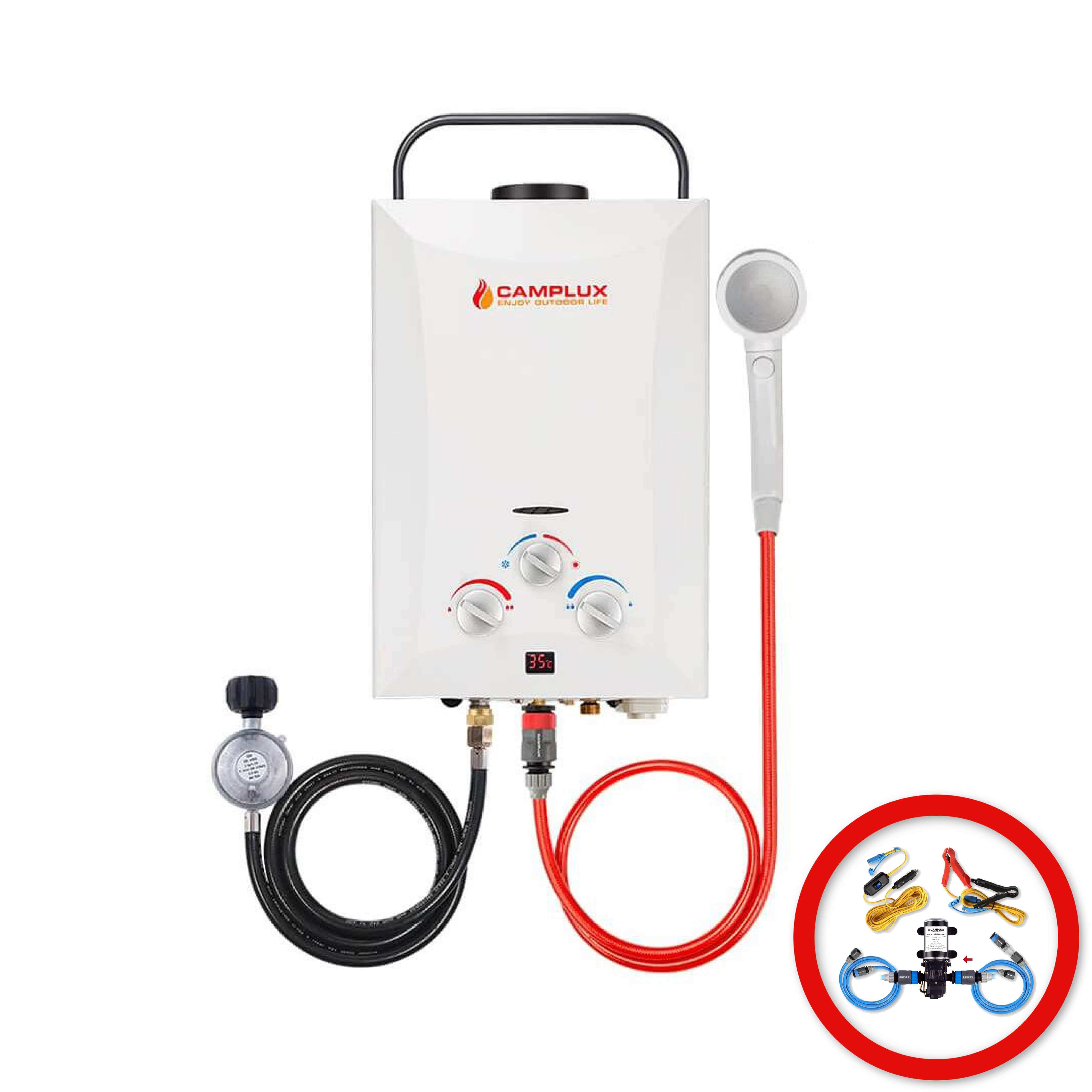 8 Liter Camplux Portable Water Heater, Instant Heat, with 6L Pump Pack & Sprayer