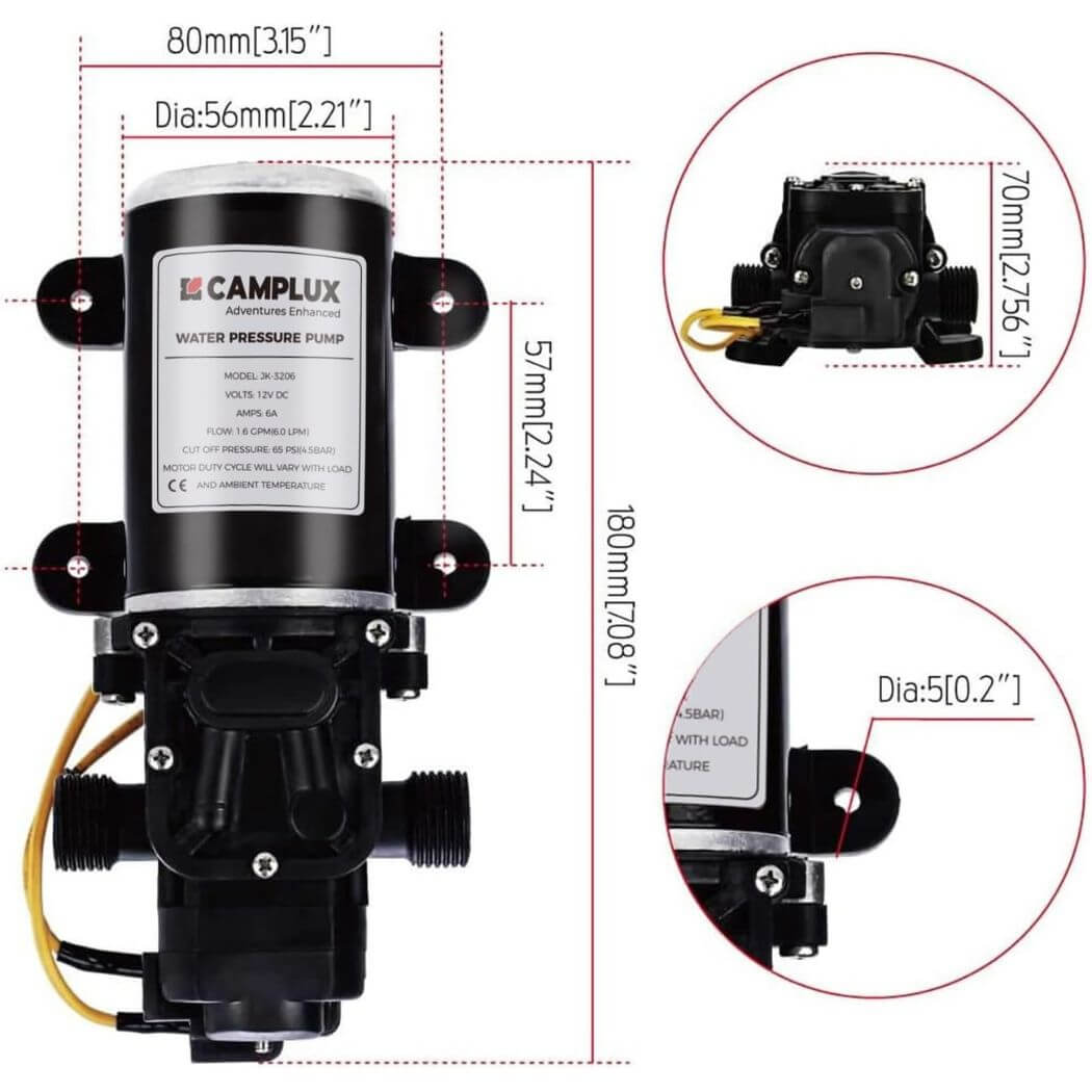 CAMPLUX 12V Caravan Water Pump 6L Diaphragm 65PSI With 2 Connectors To Replace