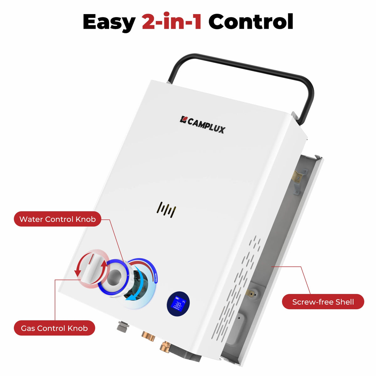 Camplux F10 portable LPG water heater temperature controls