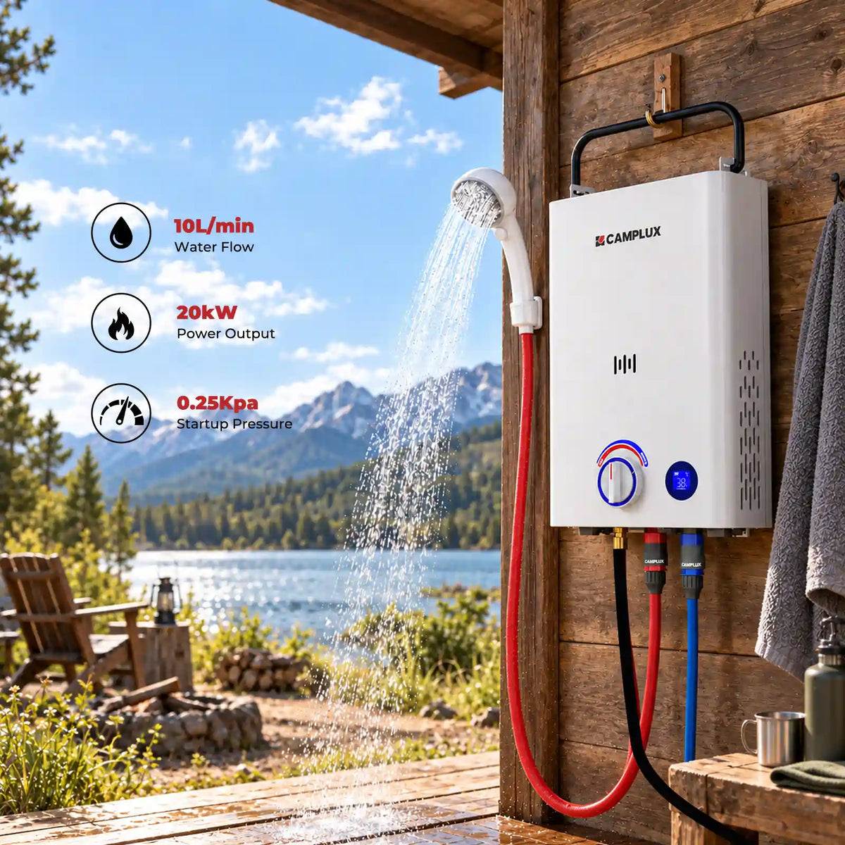 camplux F10 portable LPG water heater used outdoors