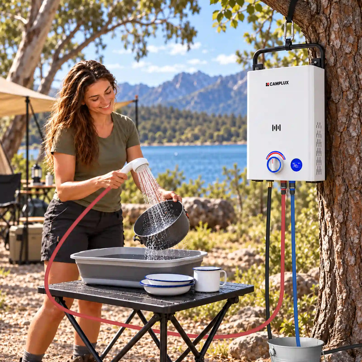 Camplux F10 portable LPG water heater for camping and outdoor showers