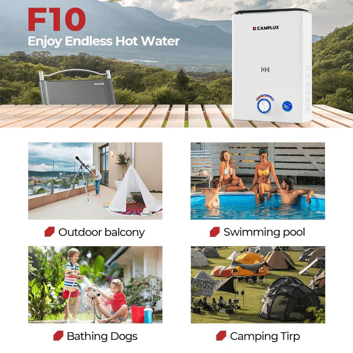 camplux f10 water heater for camping caravan and rural living