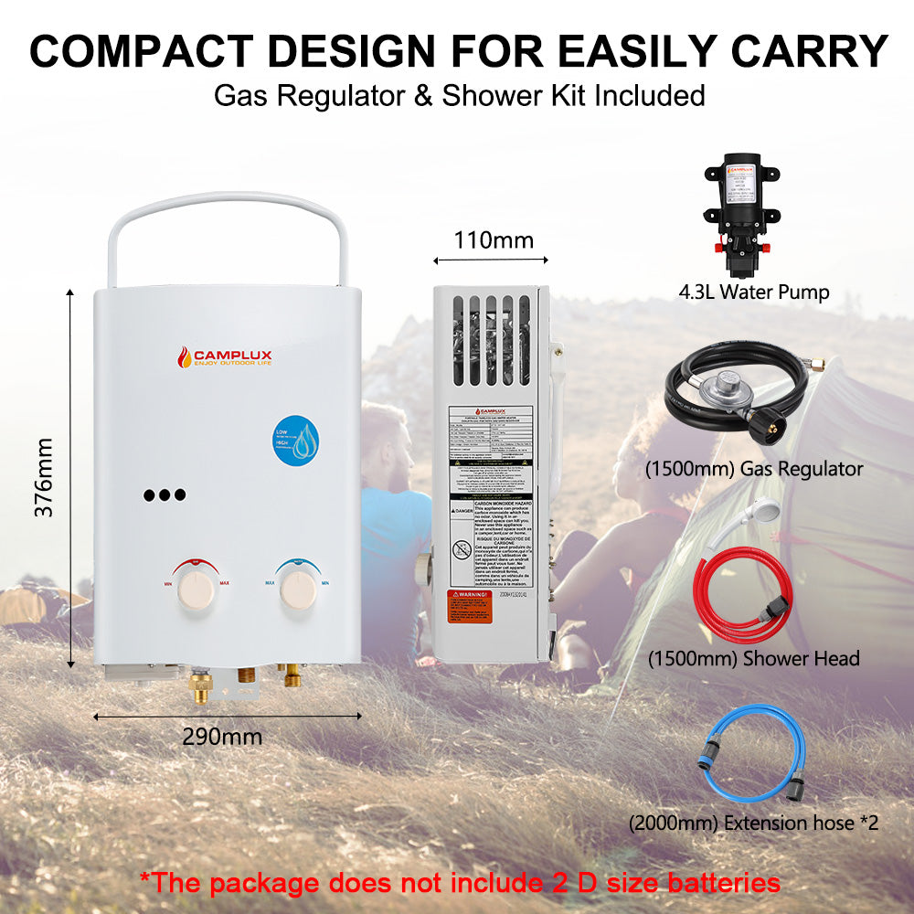 5 Liter Camplux Portable Water Heater, Off Grid use, & 4.3L Pump Pack