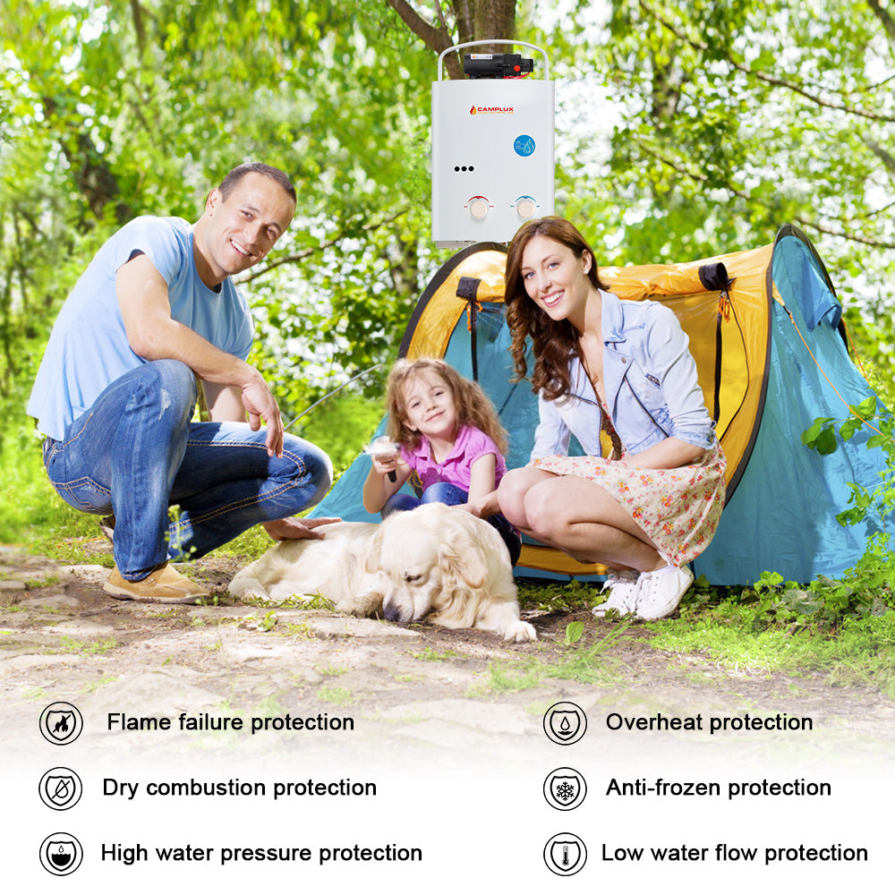 5 Liter Camplux Portable Water Heater, Off Grid use, & 4.3L Pump Pack