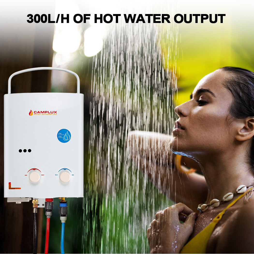 5 Liter Camplux Portable Water Heater, Off Grid use, & Stand Shower