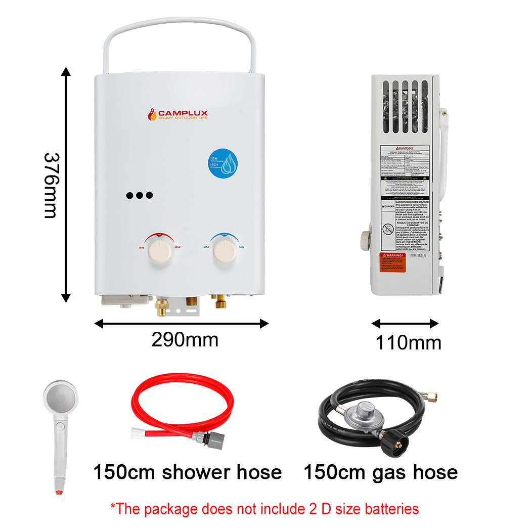 Camplux Complete Hot Water System 5L, Off Grid Tankless Water Heater - 4.3L Pump & 2 Blue Hose