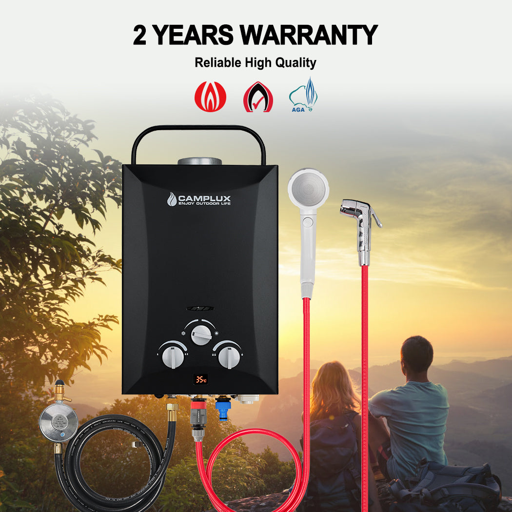 8 Liter Camplux Portable Water Heater, Instant Heat, with Shower Stand & Sprayer