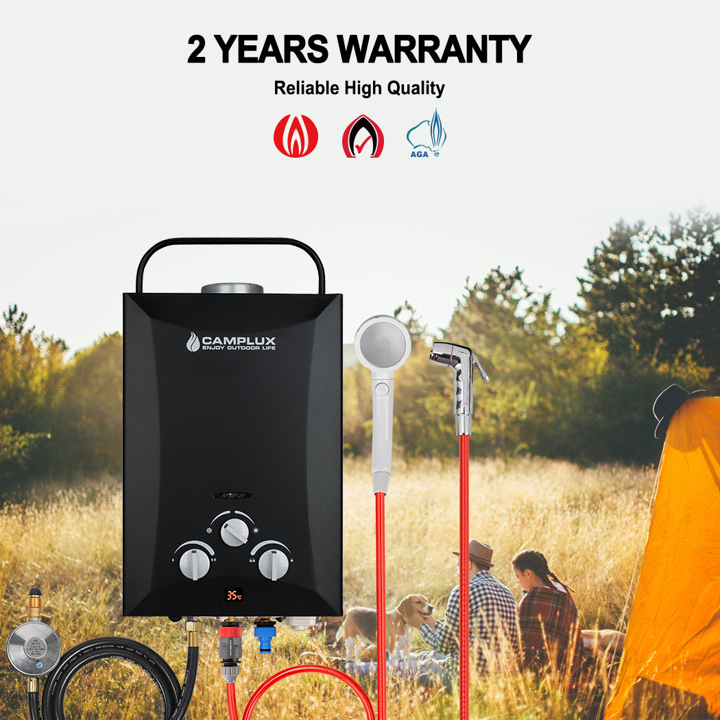 8 Liter Camplux Portable Water Heater, Instant Heat, with Shower Stand & Sprayer