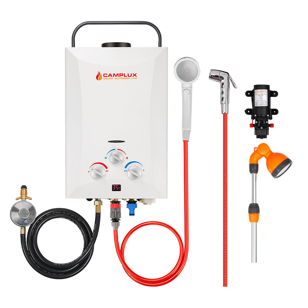Camplux 8L Portable Gas Hot Water Heater w/ 4.3L Pump & Sink Sprayer & Shower Stand