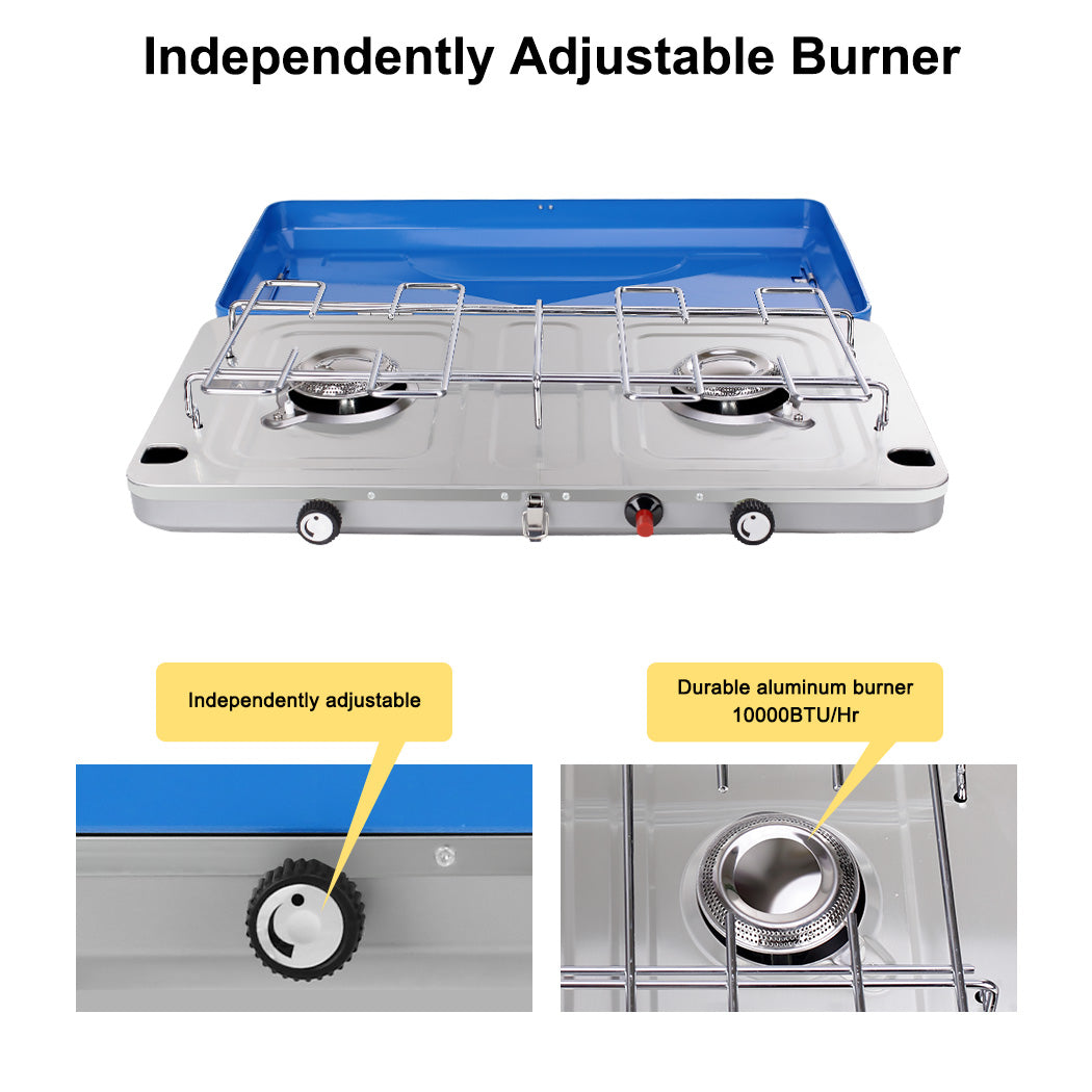 CAMPLUX Portable Camping Stove 2 Burner Gas Propane BBQ Windproof Cooker